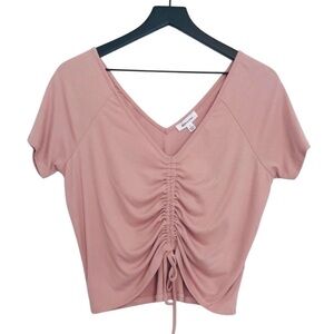 New! Knit Ribbed Ruched Shirred Front Drawstring Cropped Blush Pink Top